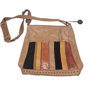The Sak Brown Leather Crossbody Bag Patchwork Stripe Boho Western Casual